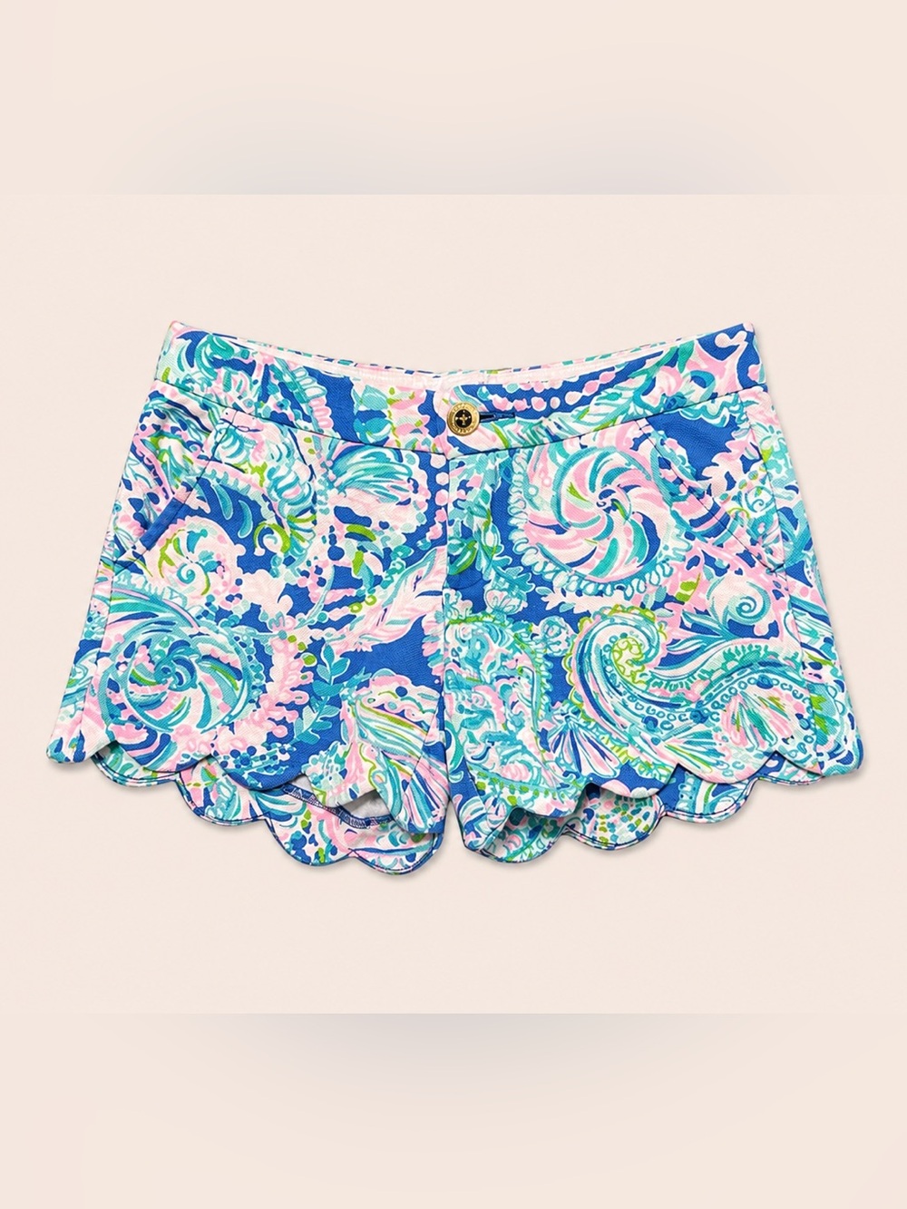 Scallop Hem Paisley Print Shorts in Blue & Pink